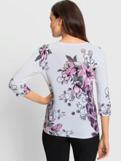 Pull imprimé floral encolure goutte manches trois quarts
