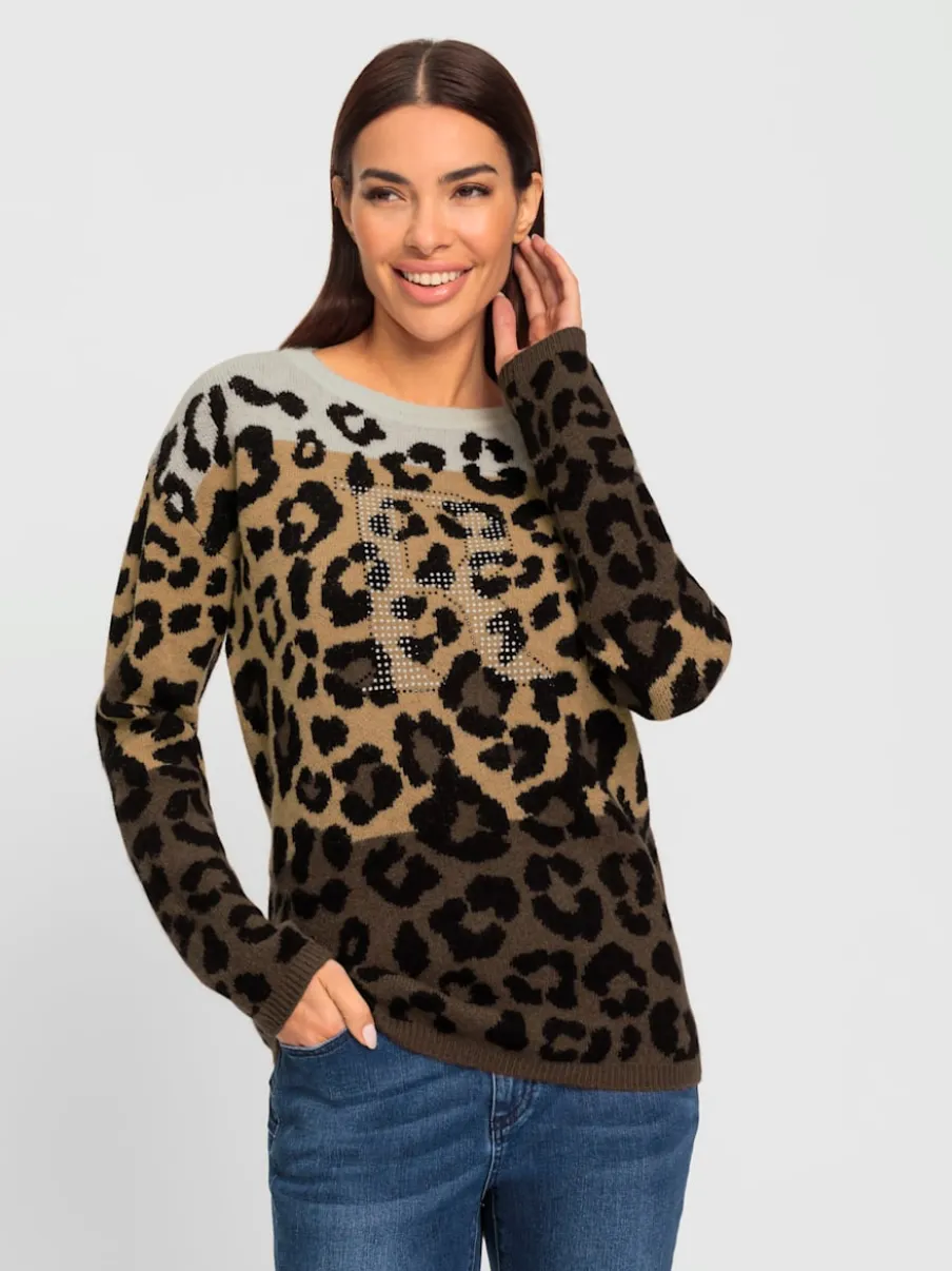 Pull jacquard avec motif léopard et pierres brillantes