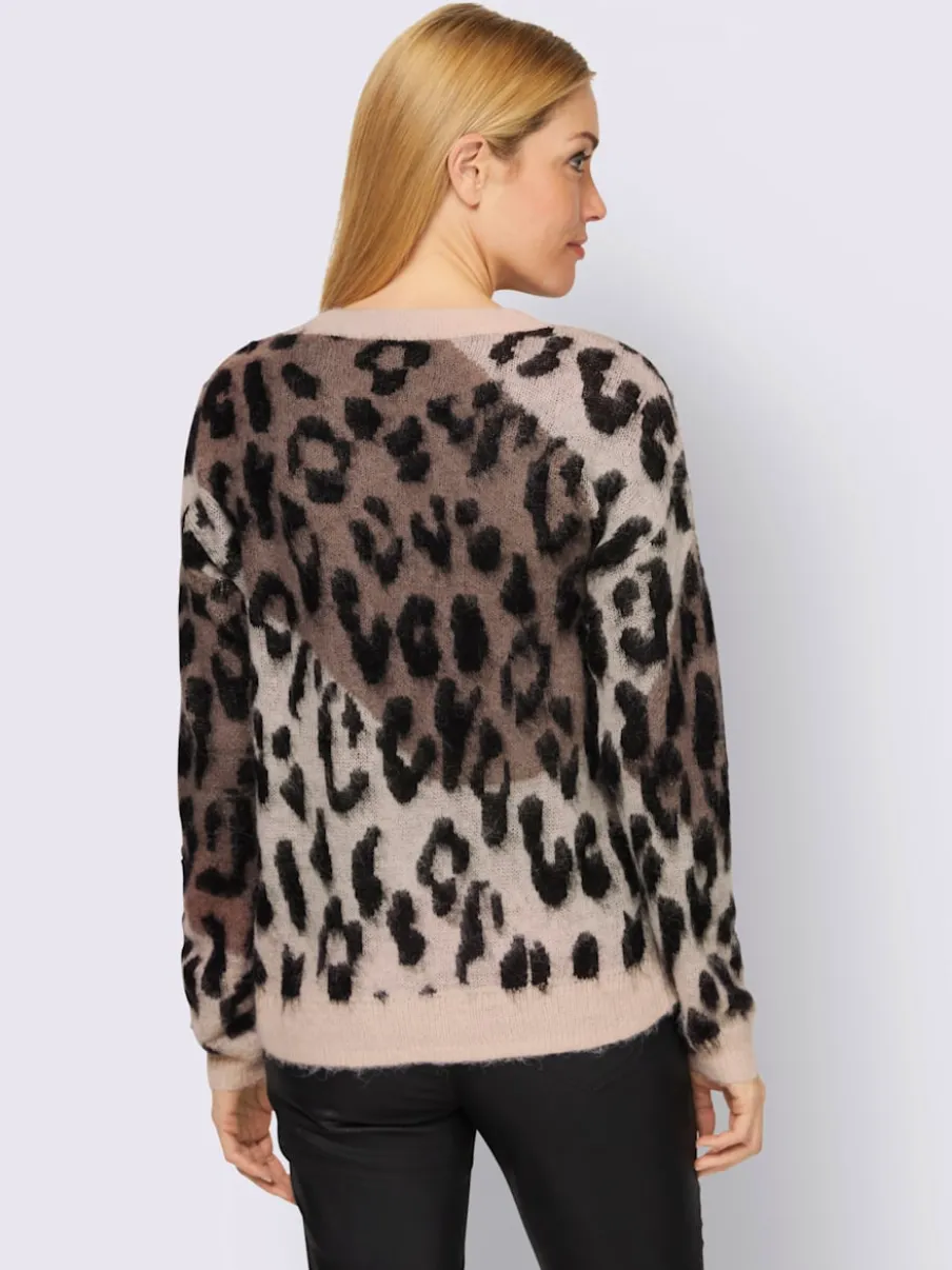 Pull jacquard à encolure ronde et manches longues avec motif animal