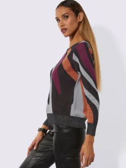 Pull jacquard à encolure ronde manches longues et rayures