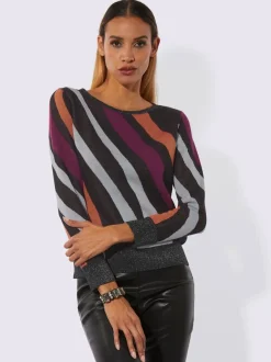 Pull jacquard à encolure ronde manches longues et rayures