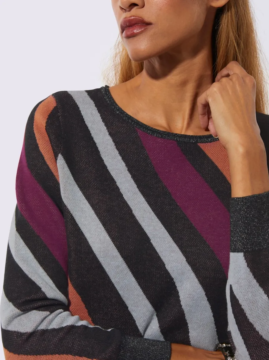 Pull jacquard à encolure ronde manches longues et rayures