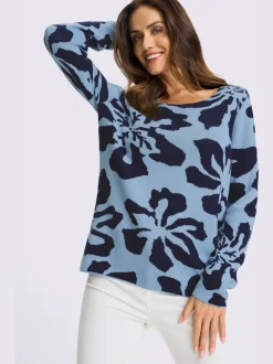 Pull jacquard à motif floral encolure ronde manches longues