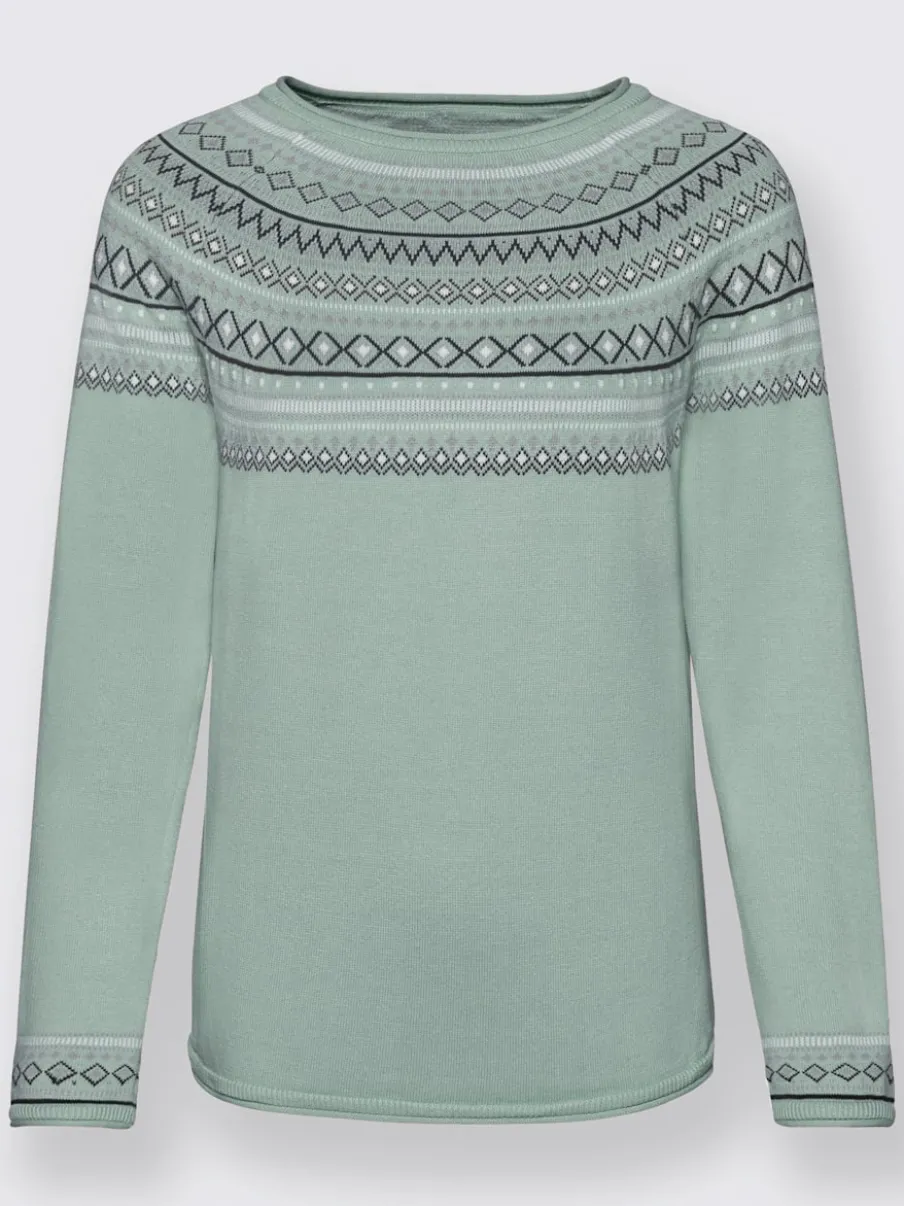 Pull jacquard motif norvégien col rond manches raglan