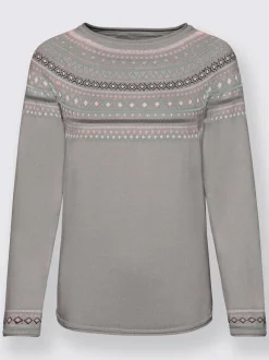 Pull jacquard motif norvégien col rond manches raglan
