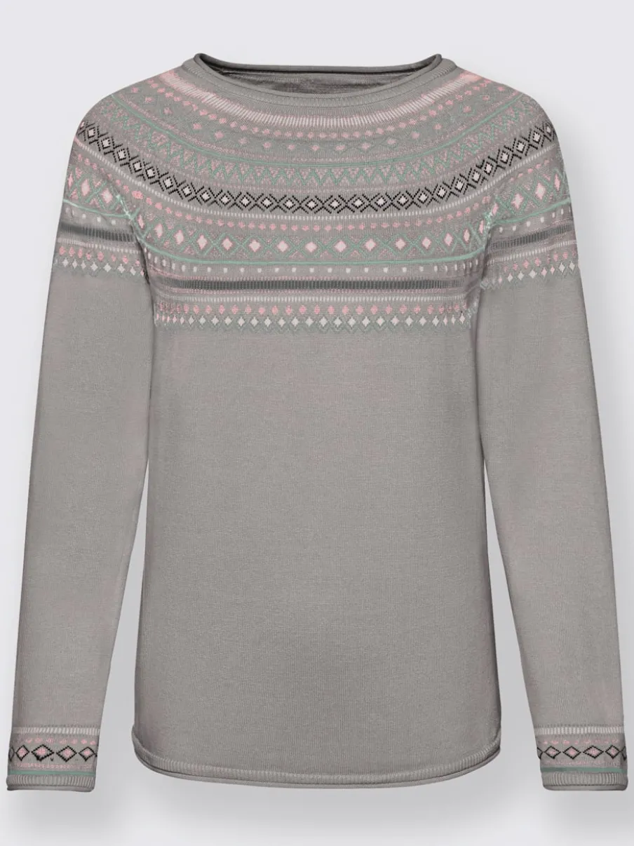 Pull jacquard motif norvégien col rond manches raglan