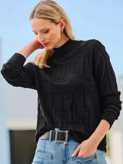 Pull jacquard motif tricoté col montant manches longues