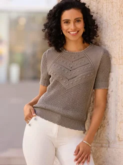 Pull léger à col rond avec tricot ajouré et motif structuré
