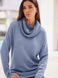 Pull long à col large en mélange de coton