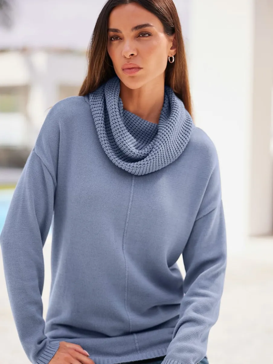 Pull long à col large en mélange de coton