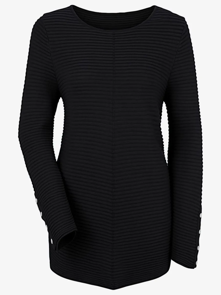 Pull long col rond à motifs côtelés et boutons décoratifs