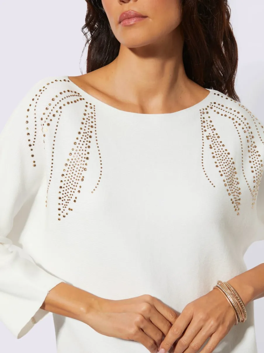 Pull à manches 3/4 col en U avec pierres brillantes