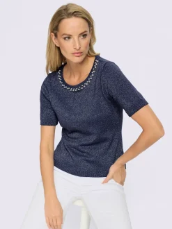 Pull à manches courtes avec encolure ronde et perles décoratives