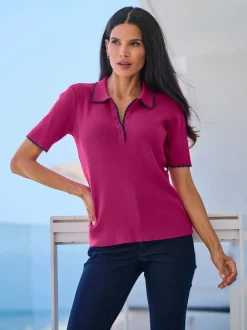Pull à manches courtes col polo en tricot côtelé