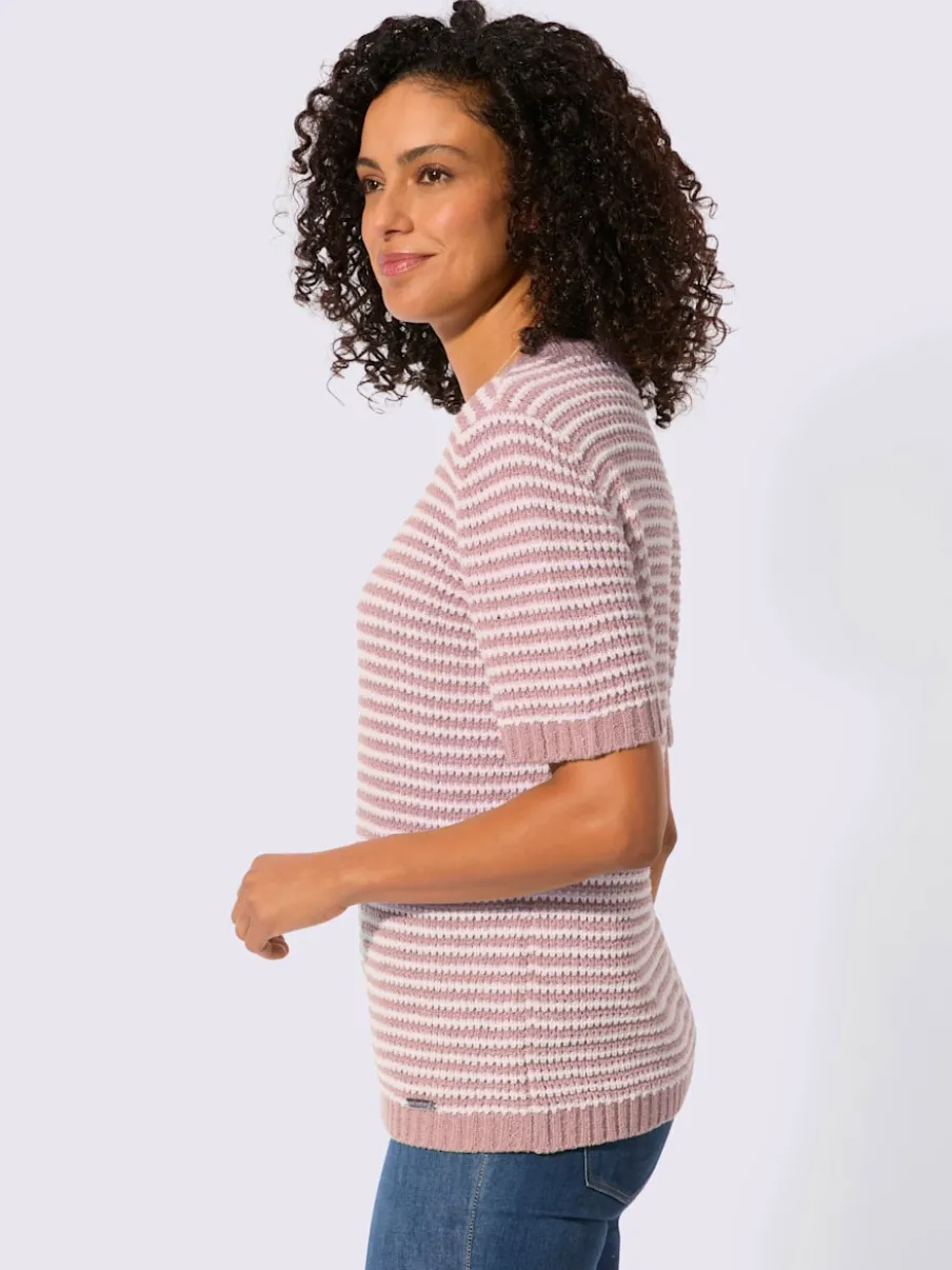 Pull à manches courtes en coton à rayures sportives et encolure ronde