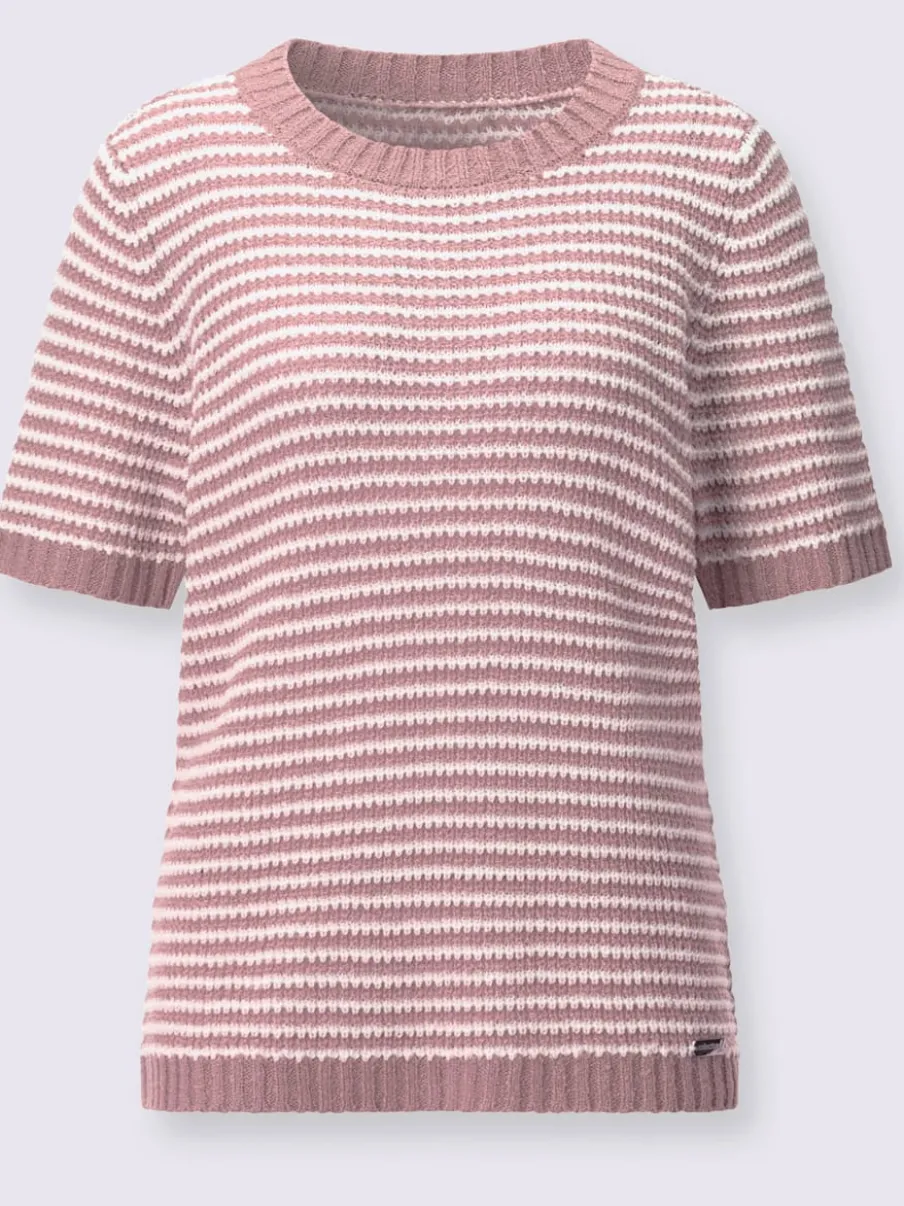 Pull à manches courtes en coton à rayures sportives et encolure ronde