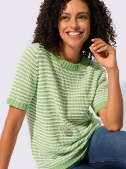 Pull à manches courtes en coton à rayures sportives et encolure ronde