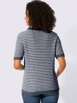 Pull à manches courtes en coton à rayures sportives et encolure ronde