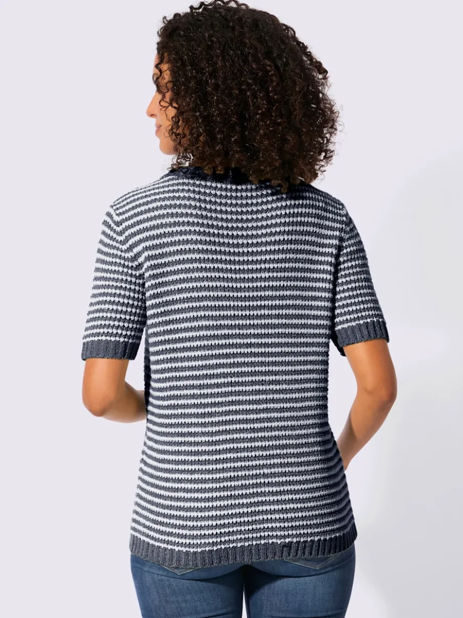 Pull à manches courtes en coton à rayures sportives et encolure ronde