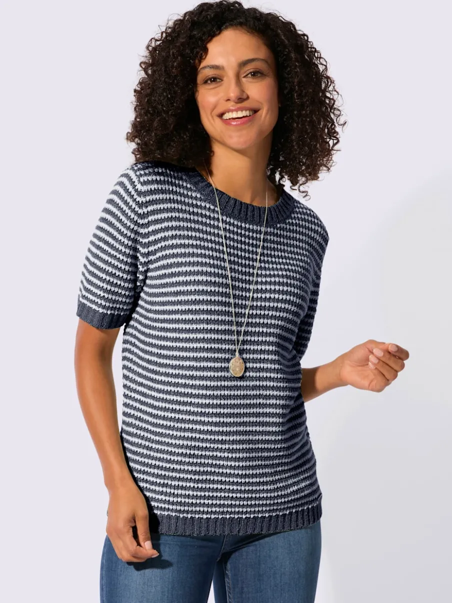 Pull à manches courtes en coton à rayures sportives et encolure ronde