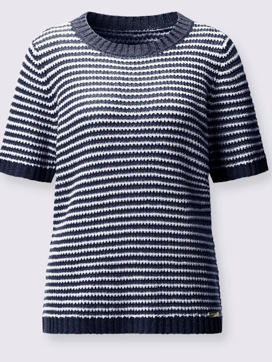 Pull à manches courtes en coton à rayures sportives et encolure ronde