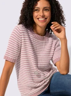 Pull à manches courtes en coton à rayures sportives et encolure ronde
