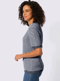 Pull à manches courtes en coton à rayures sportives et encolure ronde