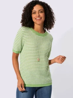 Pull à manches courtes en coton à rayures sportives et encolure ronde
