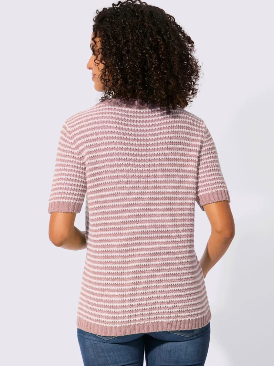 Pull à manches courtes en coton à rayures sportives et encolure ronde