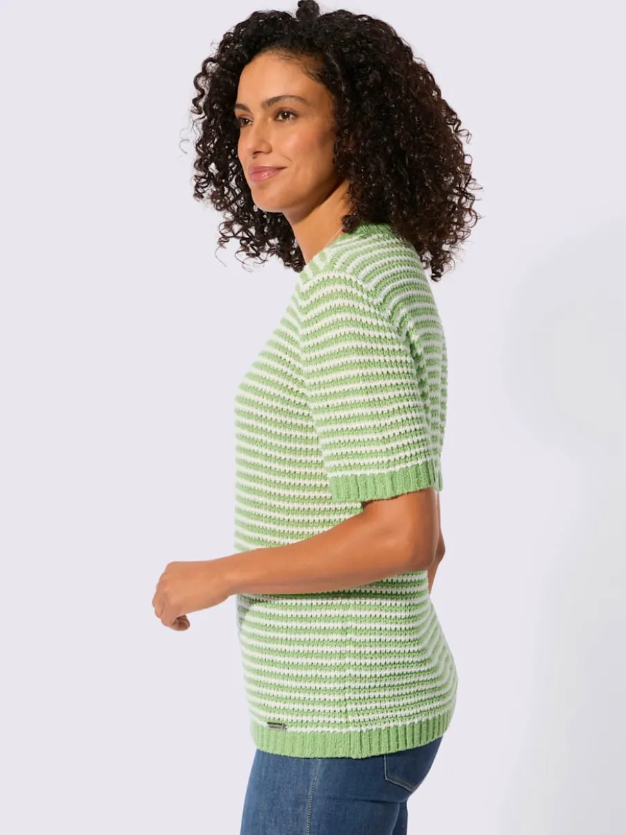 Pull à manches courtes en coton à rayures sportives et encolure ronde
