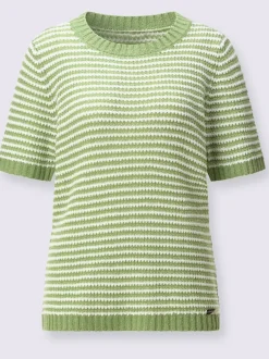 Pull à manches courtes en coton à rayures sportives et encolure ronde