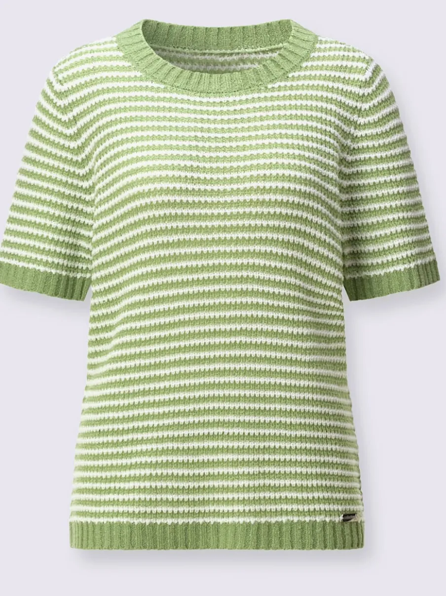 Pull à manches courtes en coton à rayures sportives et encolure ronde