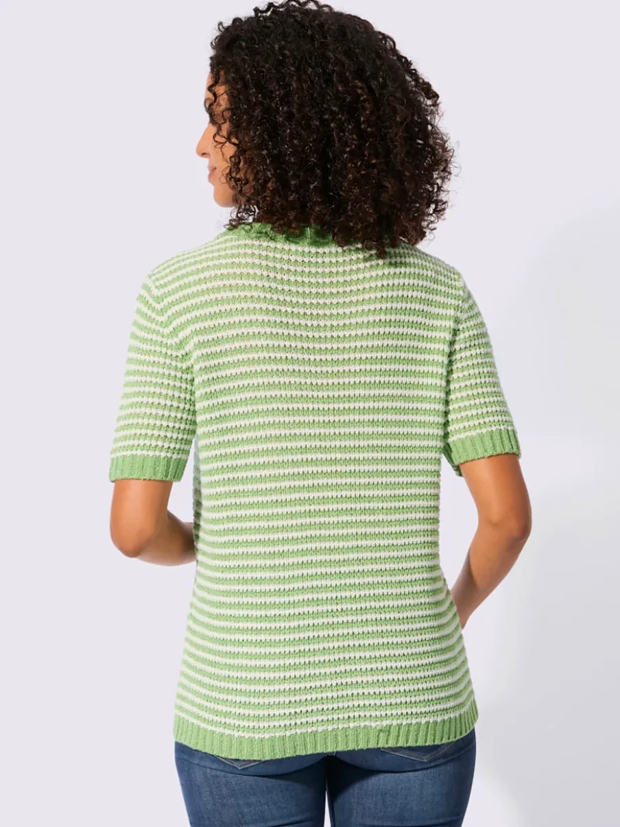 Pull à manches courtes en coton à rayures sportives et encolure ronde
