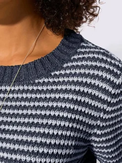 Pull à manches courtes en coton à rayures sportives et encolure ronde