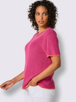 Pull à manches courtes en lyocell et coton à bordures contrastées