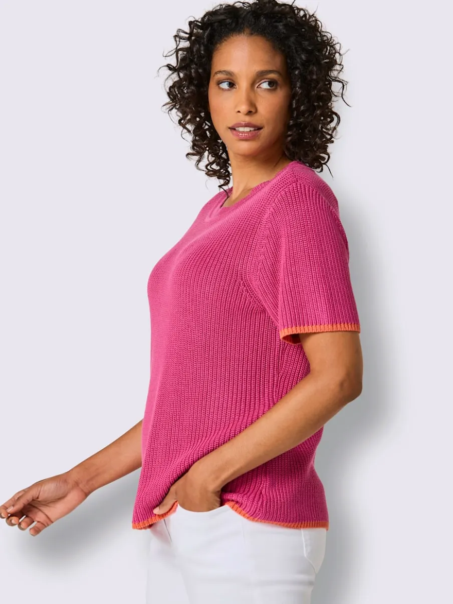 Pull à manches courtes en lyocell et coton à bordures contrastées