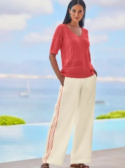 Pull à manches courtes en tricot ajouré avec col en V