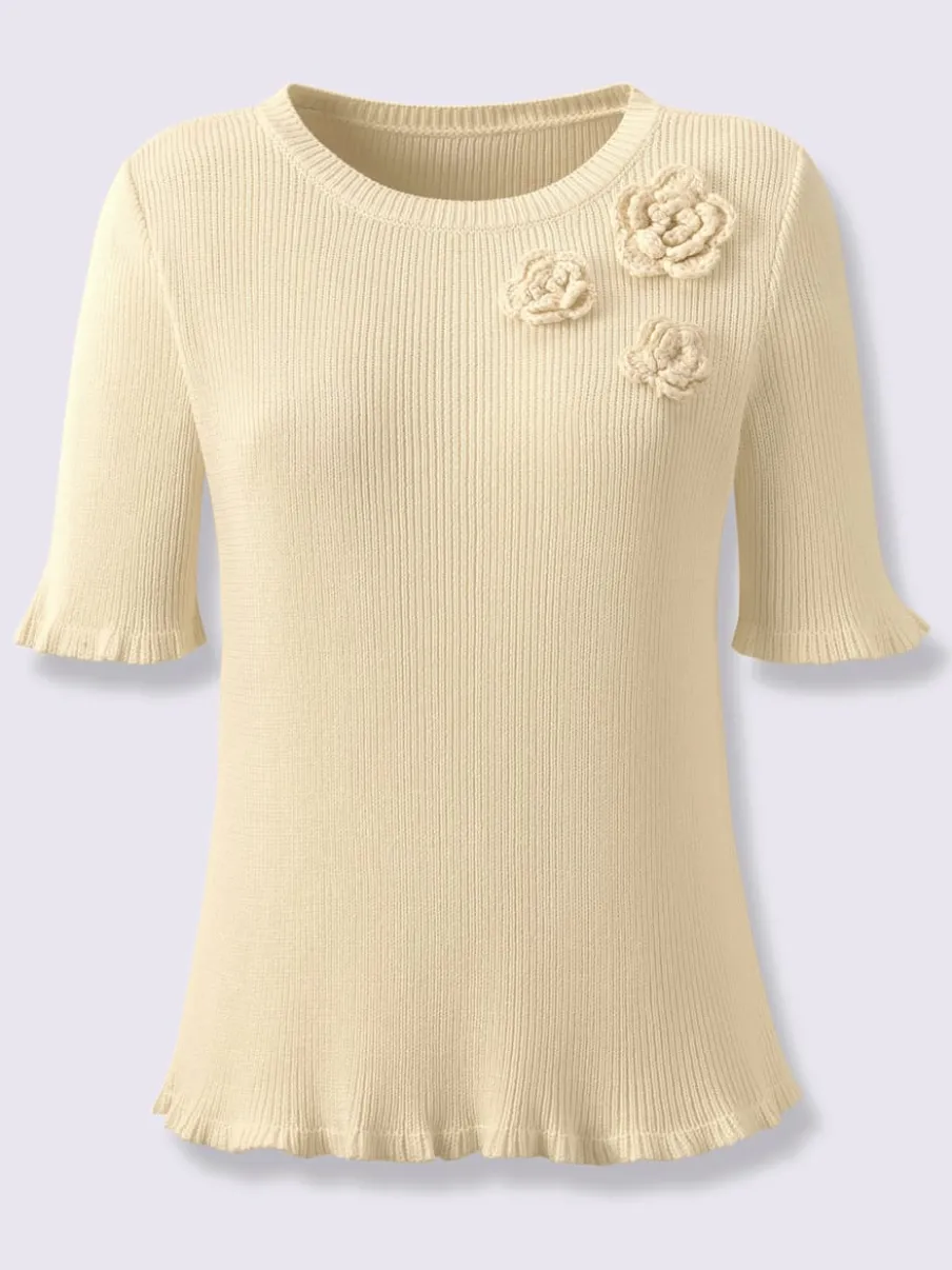 Pull à manches courtes en viscose avec fleurs en 3D et volants
