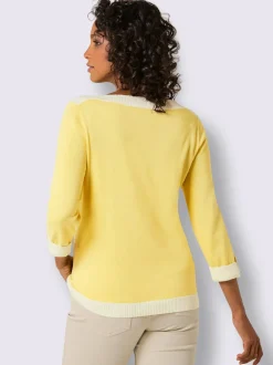 Pull à manches 3/4 en mélange de coton et soie avec bordure contrastée