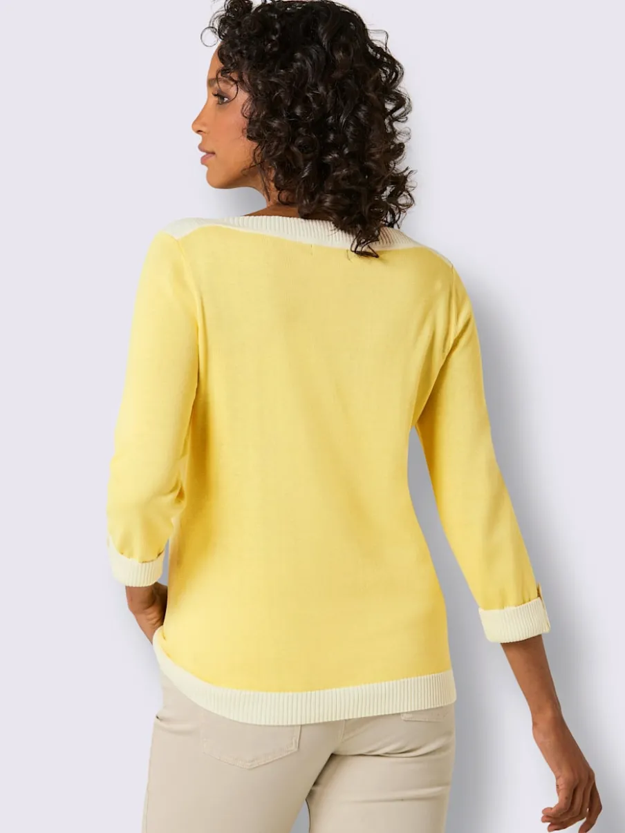 Pull à manches 3/4 en mélange de coton et soie avec bordure contrastée