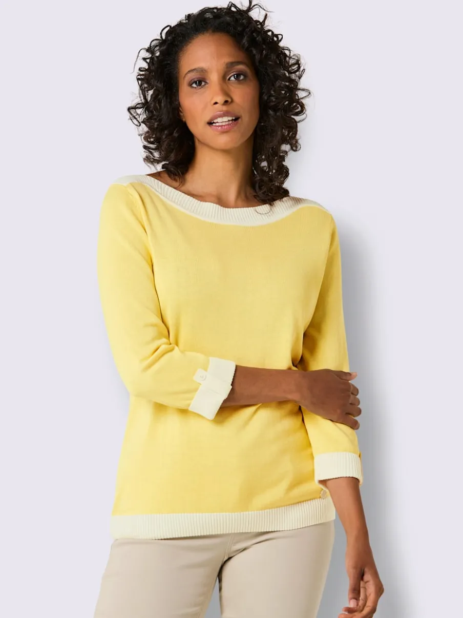 Pull à manches 3/4 en mélange de coton et soie avec bordure contrastée