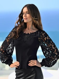 Pull à manches longues avec empiècement et manches en dentelle