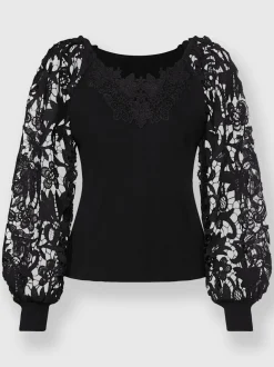 Pull à manches longues avec empiècement et manches en dentelle