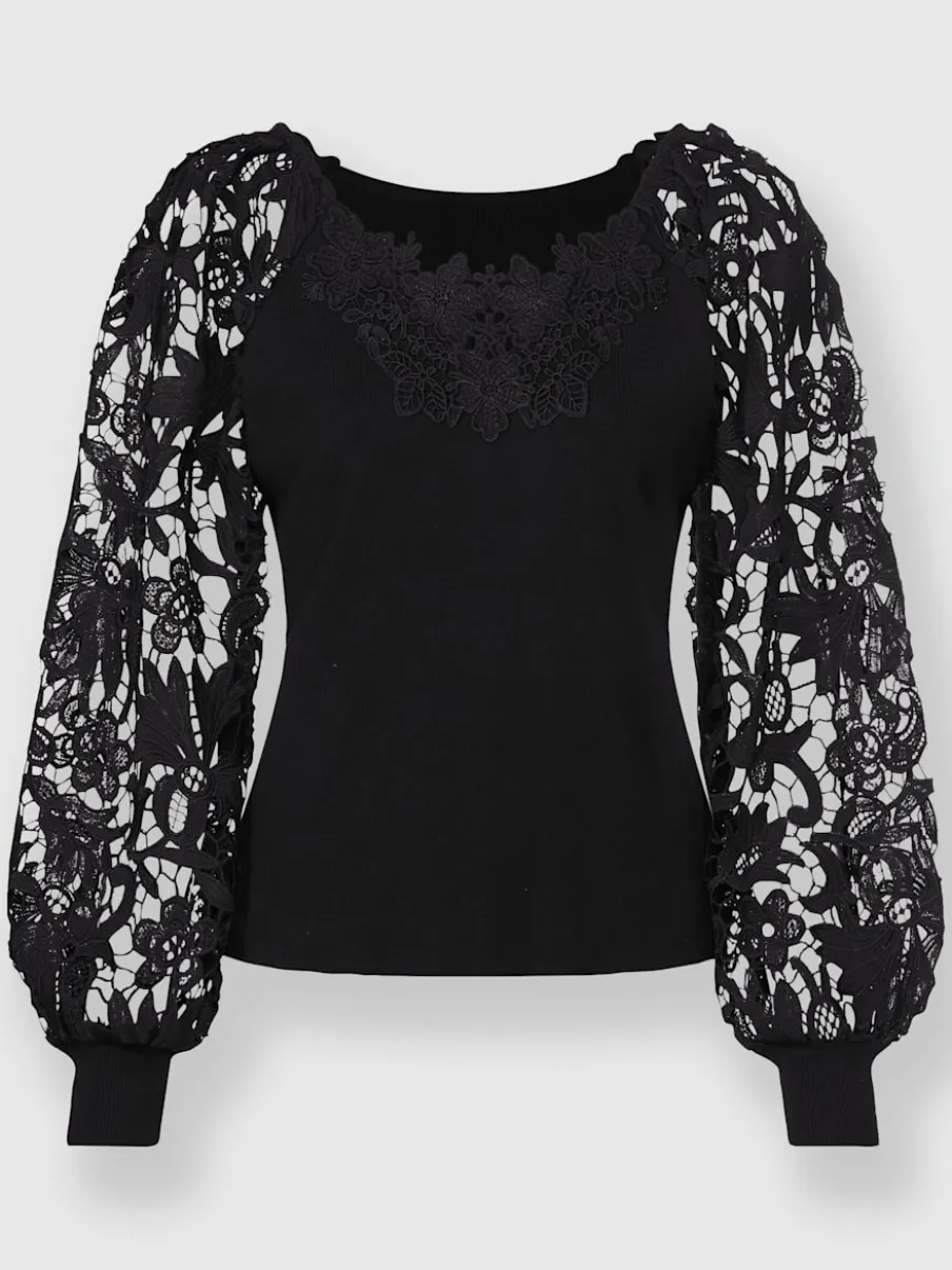Pull à manches longues avec empiècement et manches en dentelle