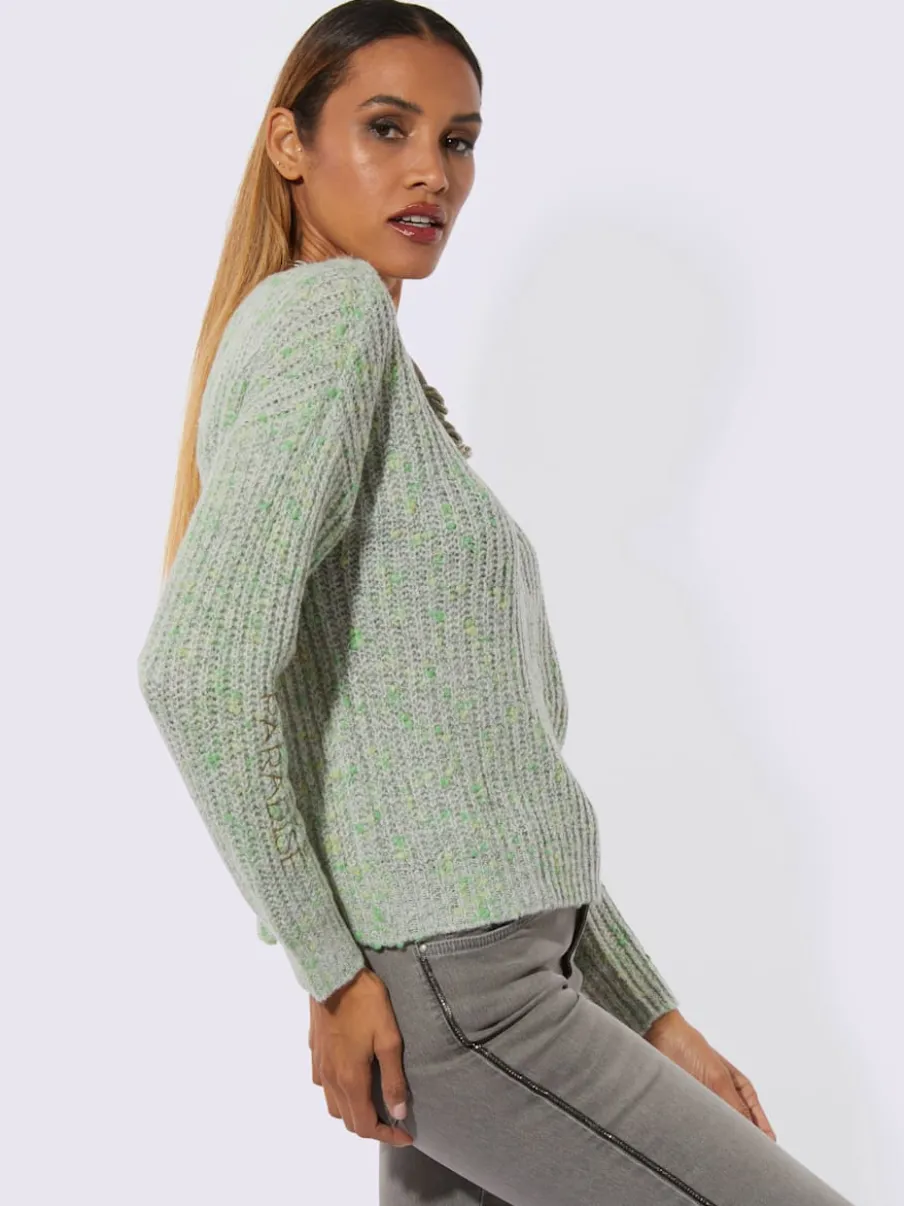 Pull à manches longues à broderie et finitions côtelées