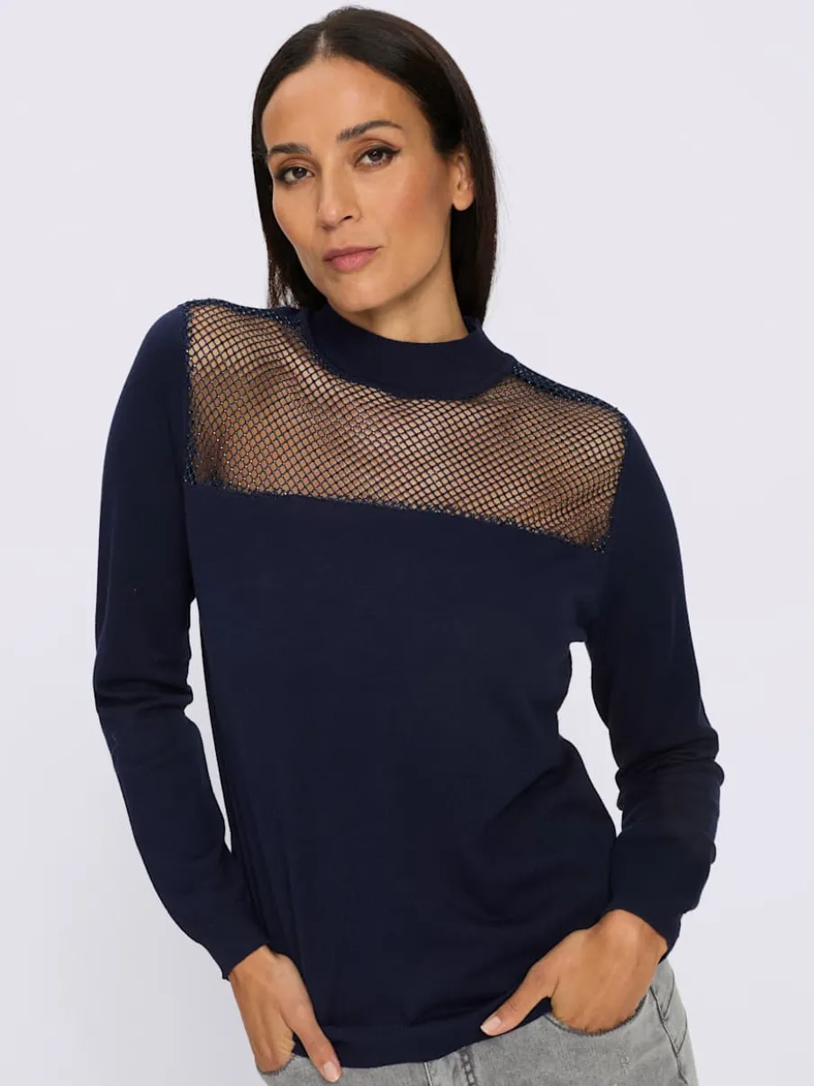 Pull à manches longues empiècement transparent devant