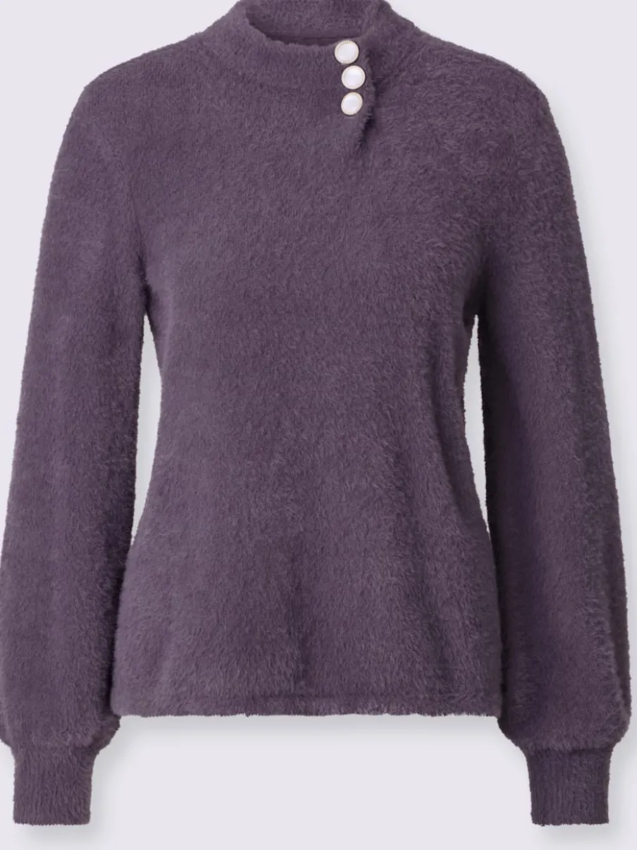 Pull à manches longues en tricot avec col côtelé et boutons décoratifs