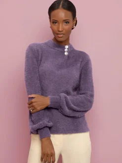 Pull à manches longues en tricot avec col côtelé et boutons décoratifs