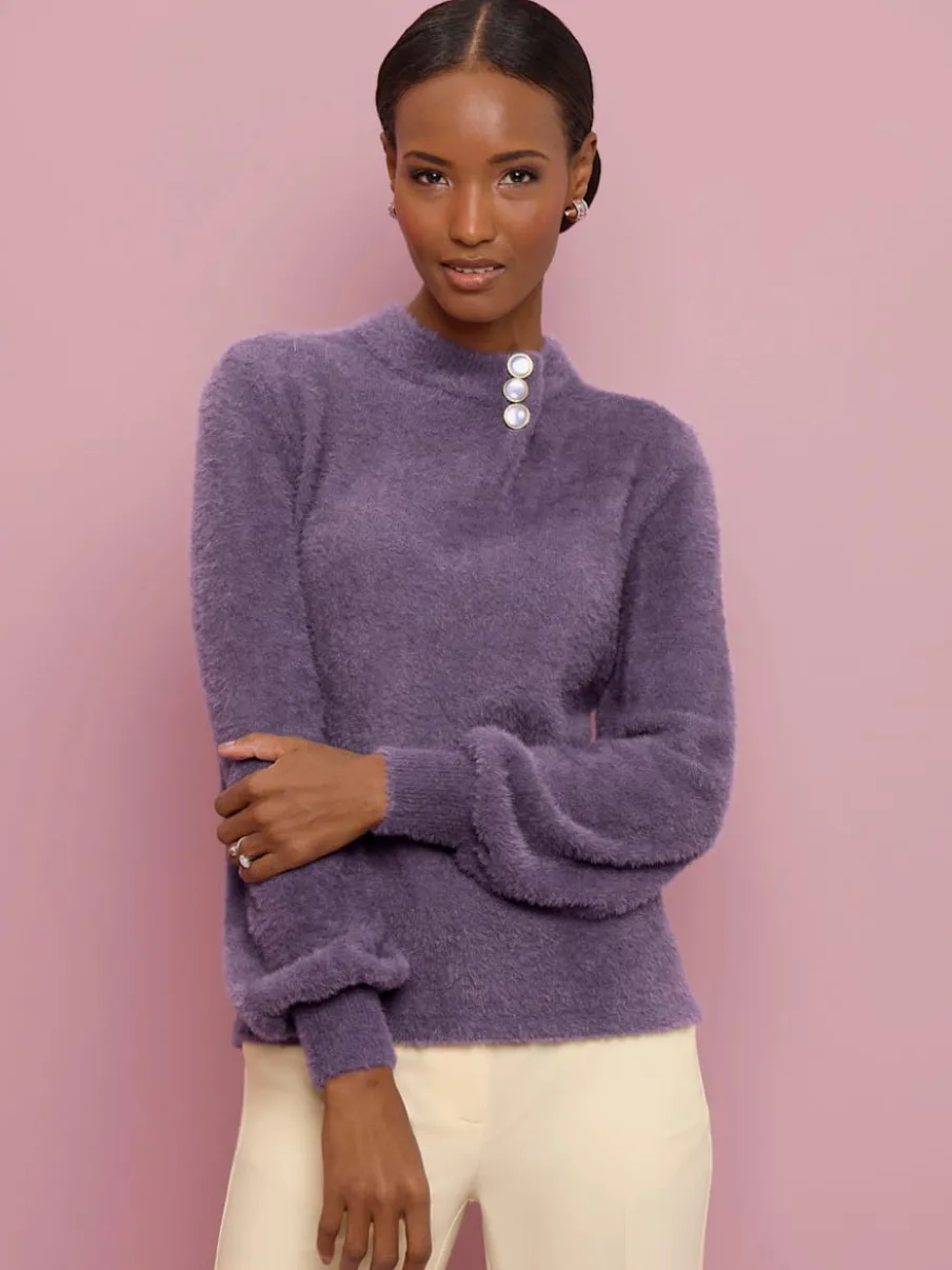 Pull à manches longues en tricot avec col côtelé et boutons décoratifs