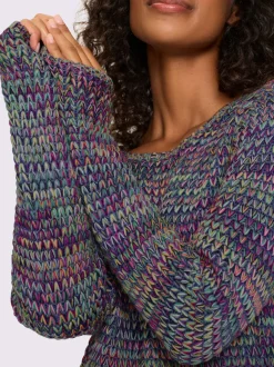 Pull à manches longues en tricot doux multicolore avec col rond
